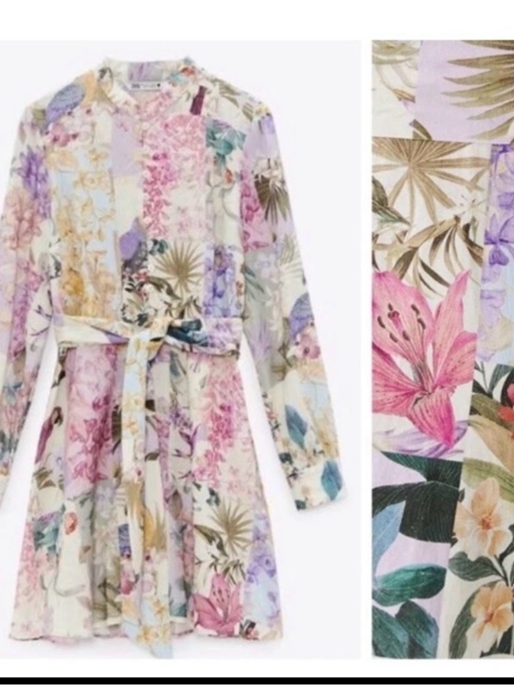Zara Lavender Floral Patchwork Long Sleeve Shirt Dress size XS